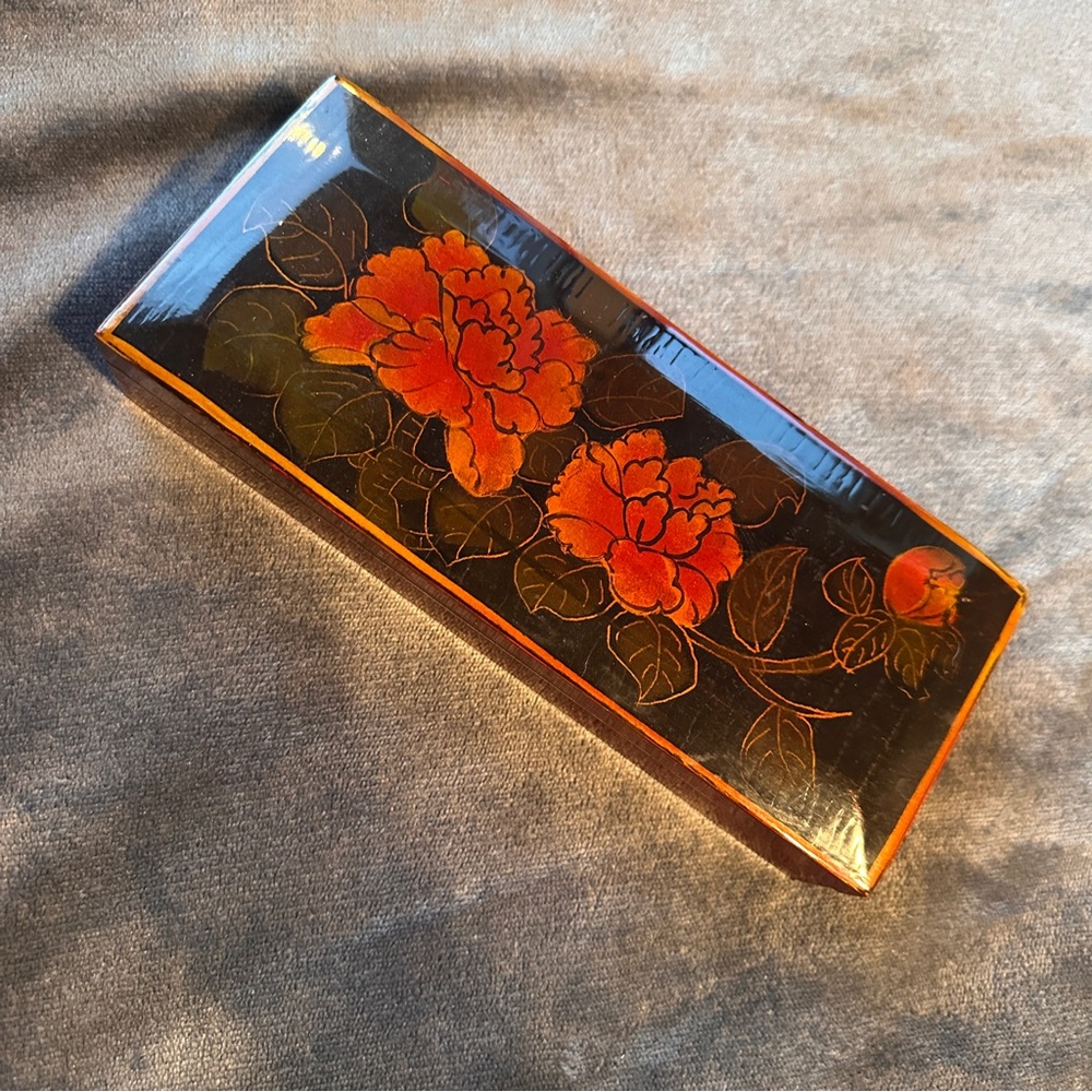 Handpainted Floral Black and Orange trinket box